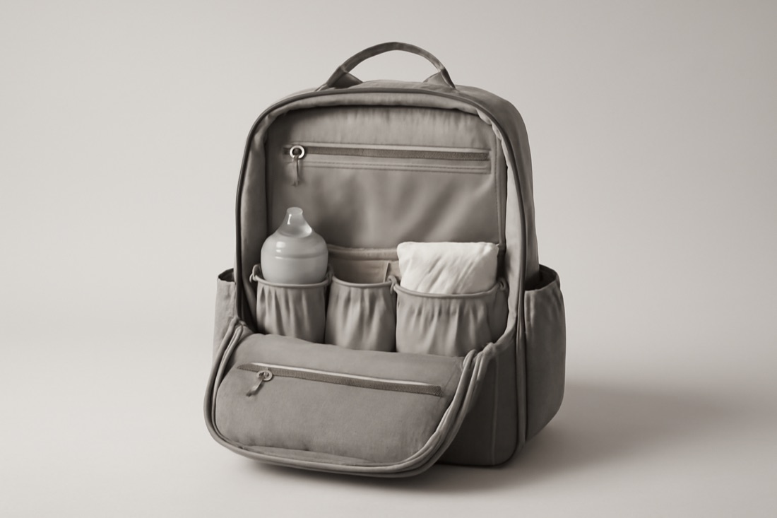 Sac à dos à langer gris ouvert