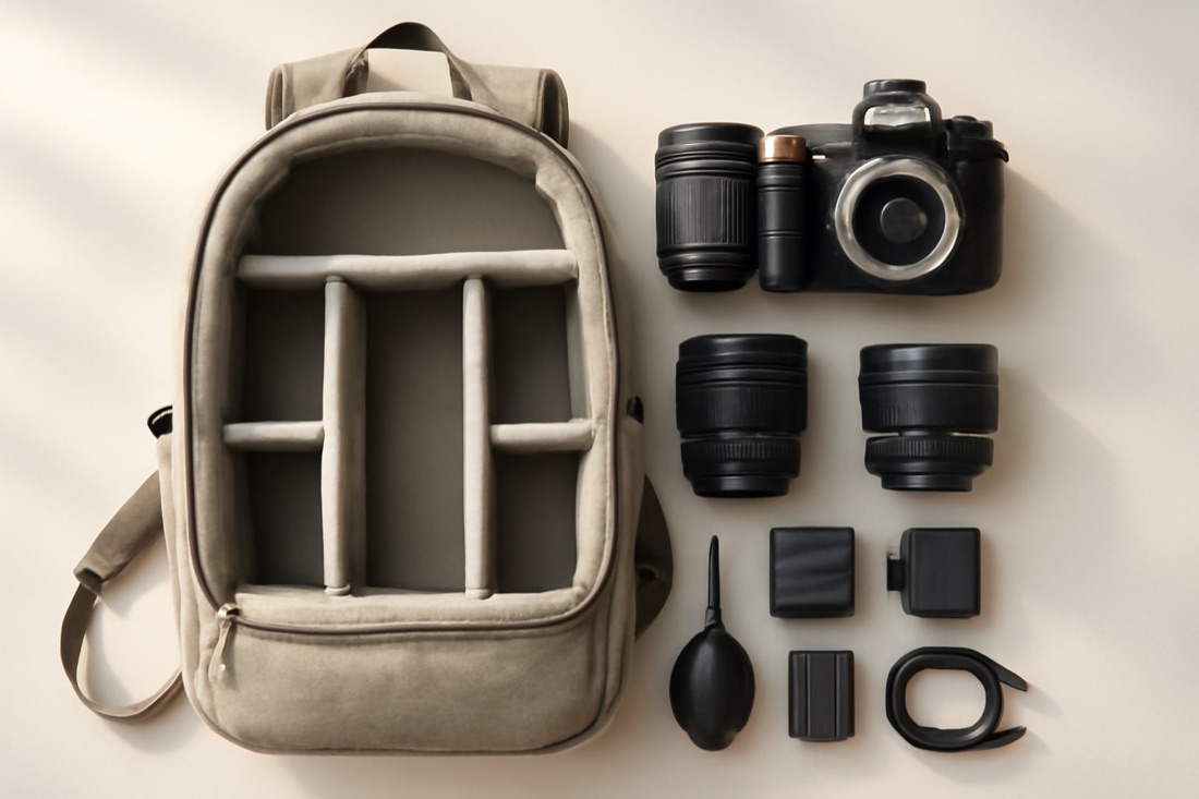 Sac photo ouvert avec matériel