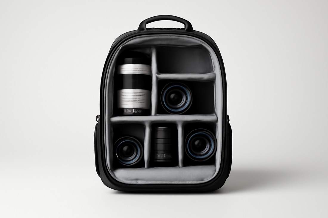 Sac à dos photo pro ouvert avec cloisons et objectifs